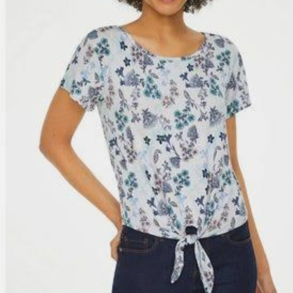 (#570)LOFT Floral Bottom Tie Short Sleeve Top Size Large